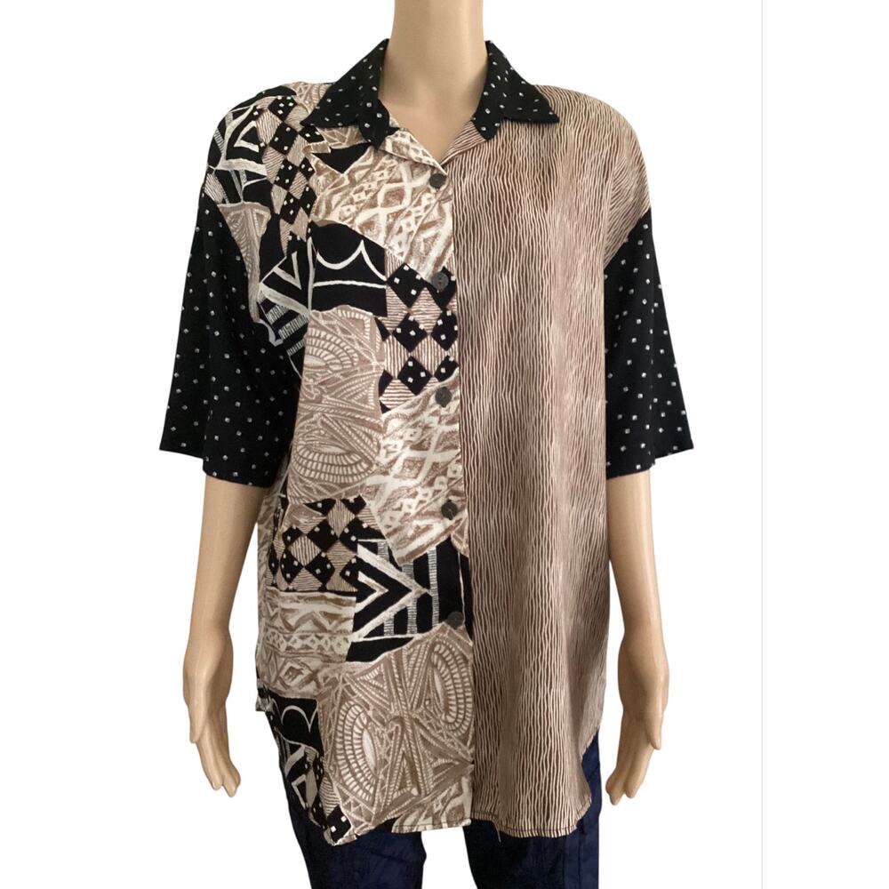 Vntg Box Office Button Up Shirt Abstract Geometric Tribal Lagenlook M-XL